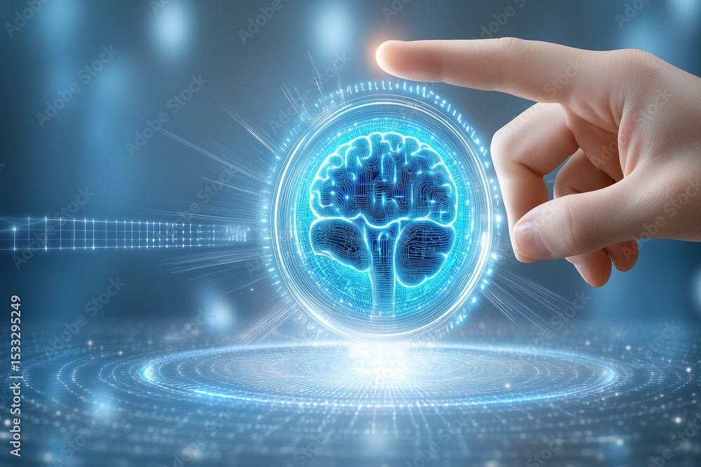 Poster futuristic digital interface rendering of a brain with hand interaction in a medical context