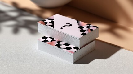 A stack of business cards with a checkered design and a question mark on the top