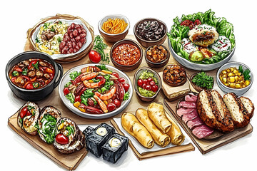 Colorful assortment of diverse foods displayed on a table.