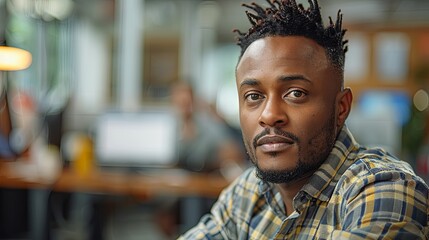 African American man in plaid shirt at office, daytime