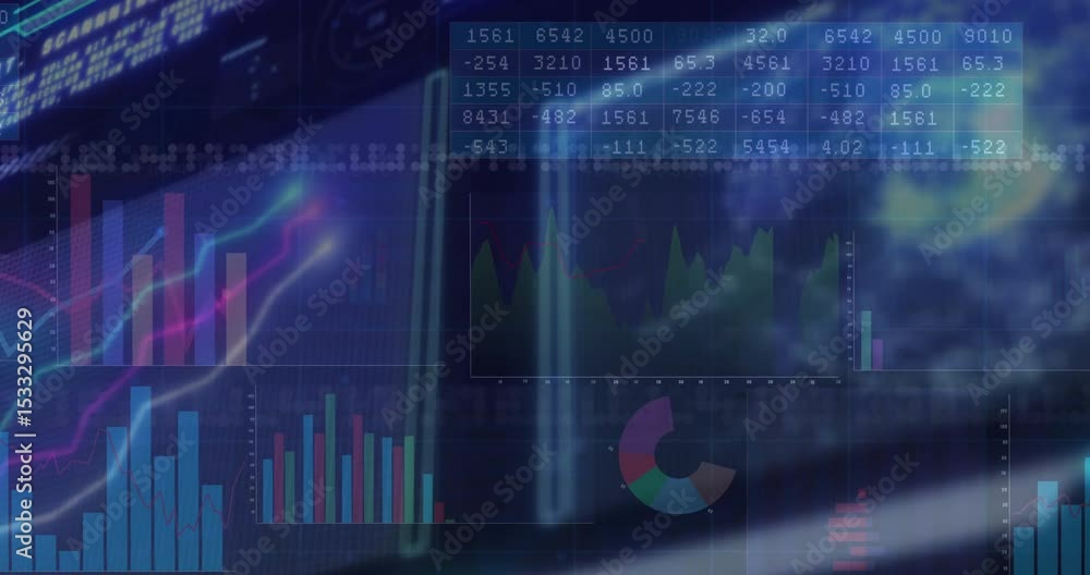 Poster financial overlay starting with grid scrolling on blurred desk animating charts into dashboard