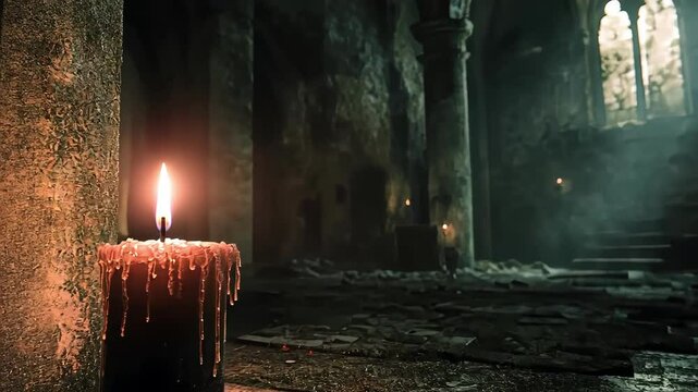 Burning candle in old gothic interior with stone floor, medieval window and dark atmosphere.