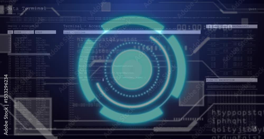Poster launching ui hud rotating with code directory and numeric panel updating indicating access complete