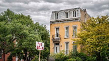 Fototapeta premium for sale sign prominently displayed in front of stylish eclectic apartment located in vibrant creative district