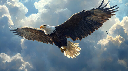 Fototapeta premium Majestic eagle soaring through a cloudy sky.
