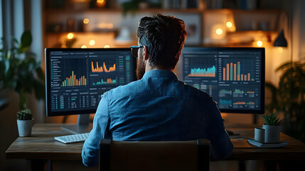 Nighttime Stock Trader Working on Dual Monitors - Realistic Image