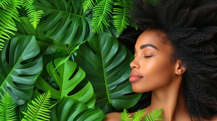Calm African American woman surrounded by tropical leaves