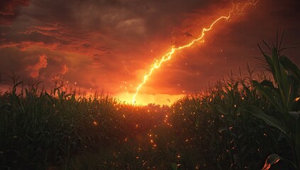 Dramatic lightning strike over a cornfield at sunset