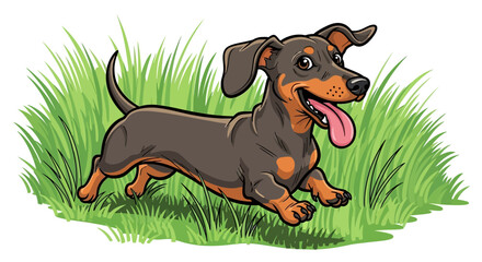 Happy Dachshund Dog Running in Green Grass Illustration