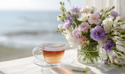 Glass cup of tea next to a bouquet of Eustoma on a glass table, with soft coastal haze, Generative AI