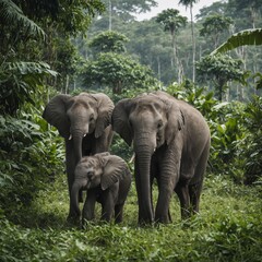 A baby elephant with its mother in a green jungle, white background