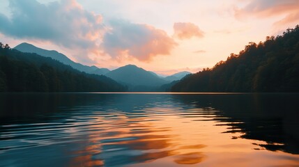 Fototapeta premium Sunset Over a Serene Lake with Misty Mountains - A golden-hour reflection on calm waters, surrounded by nature