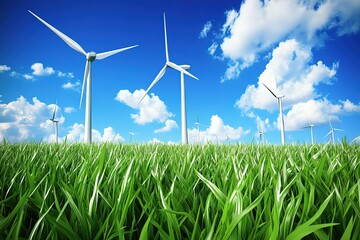 Wind turbines on green grass with a blue sky and white clouds in the background.
