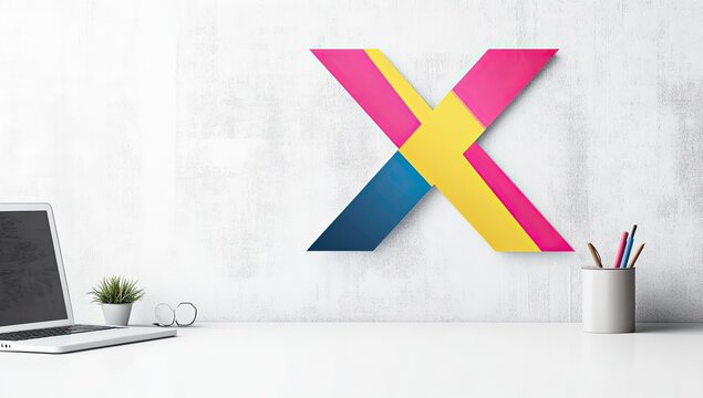Modern, colorful letter X graphic on a white wall in a minimalist workspace.  Laptop, plant, and stationery are in the foreground