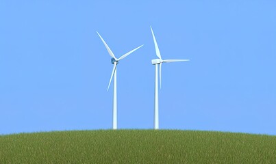 Wind turbines on a green grass field with a blue sky background, a photograph for illustration, high-resolution photography, stock photo, highly detailed, best quality.