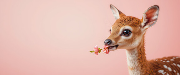 Fototapeta premium Adorable young deer holding small flowers in mouth on soft pink background, perfect for spring themes, greeting cards, or child-friendly nature scenes