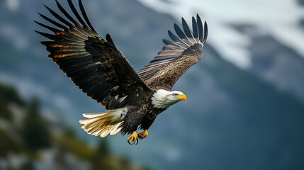 Obraz premium Majestic bald eagle soaring through the sky.