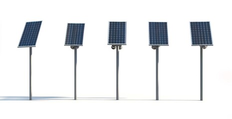 Set of solar panels on a pole, isolated on a white background, in different angles and positions. 3D rendering illustration with shadows.