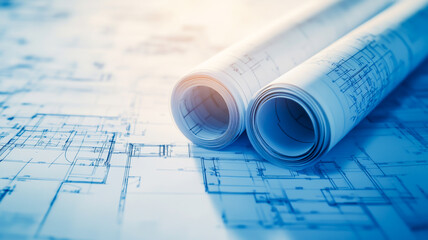 Blueprint rolls with detailed technical drawings create professional atmosphere