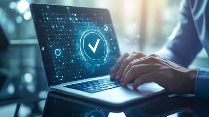 Digital quality management and certification on a virtual screen with a businessman working in an office using a laptop computer, with an icon of a seal or check mark for a standard and quality 