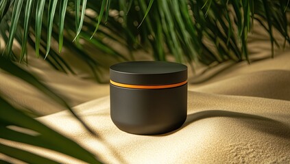 A matte black cylindrical container sits on beige sand, shadowed by tropical palm fronds.  A thin orange band encircles the container