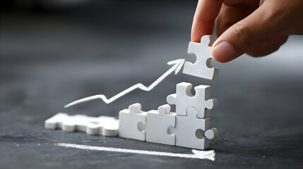 Hand Placing White Puzzle Piece Completing Upward Trend Chart on Dark Surface