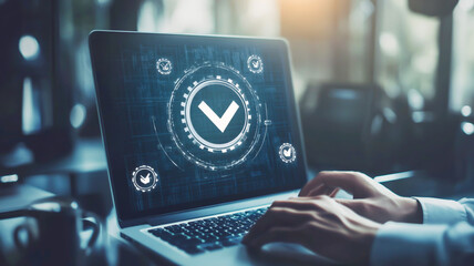 Digital quality management and certification on a virtual screen with a businessman working in an office using a laptop computer, with an icon of a seal or check mark for a standard and quality 
