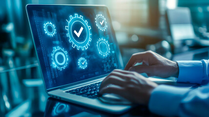 Gears and checkmark icon on a virtual screen, a quality control concept with a businessman using a laptop at an office desk for a standardization system to ensure a high level of service in a company