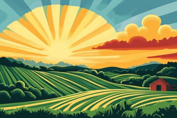 Obraz premium Vibrant sunset over rolling green farmland with a red barn.