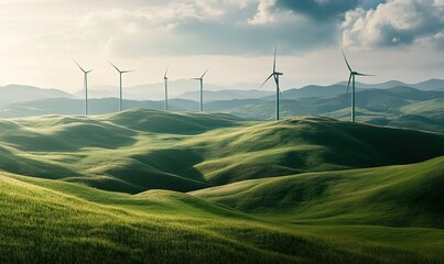 Photograph of wind turbines on a green grass field with a blue sky background, taken with a telephoto lens in natural lighting.