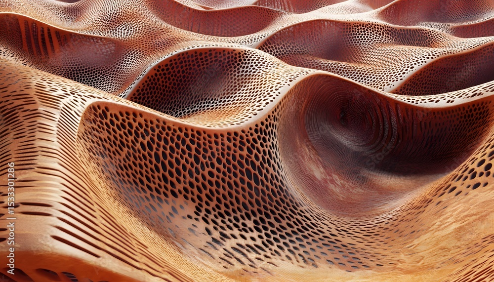 Poster abstract, organic design with a repeating pattern of curves and holes.