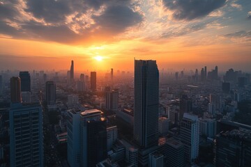 Fototapeta premium Photograph of a rooftop solar panel installation on the roof of an office building in Bangkok, with skyscrapers and cityscape in the background at sunset, sustainable energy practices for green