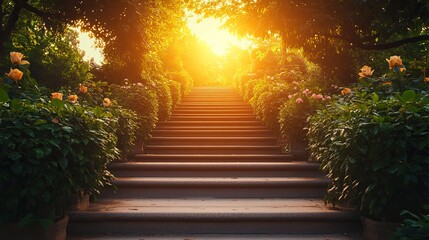 Serene staircase adorned with flowers in sunny garden