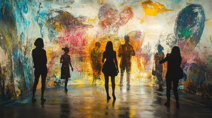 Silhouettes of people in an abstract art gallery
