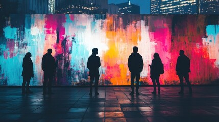 Silhouettes of people in front of a vibrant mural at night
