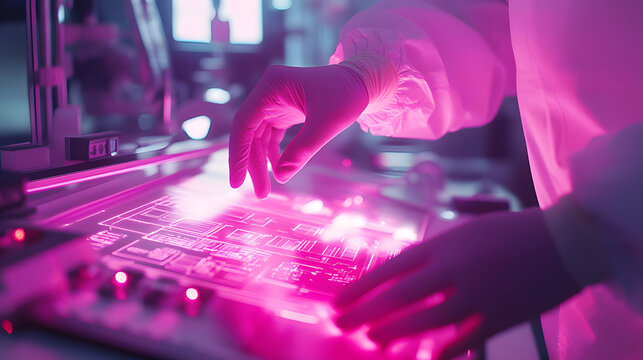 Scientist working on glowing circuit board