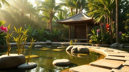 zen garden in the garden with flowers