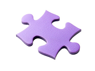 Obraz premium Single purple jigsaw puzzle piece isolated on transparent background, close-up view showing textured surface, solution concept