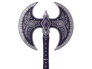 Ornate double headed axe fantasy game weapon design war art dark on transparent background