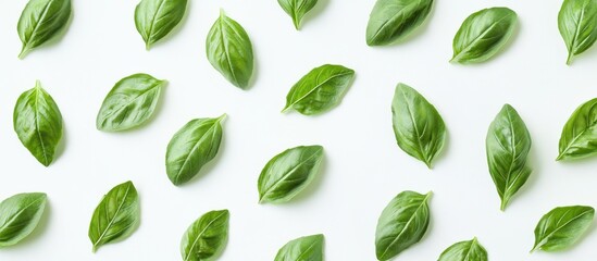 Obraz premium Flat lay of fresh basil leaves arranged on white background.