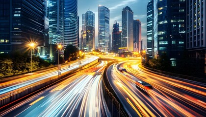 Naklejka premium City highway at twilight with streaks of light from moving vehicles.