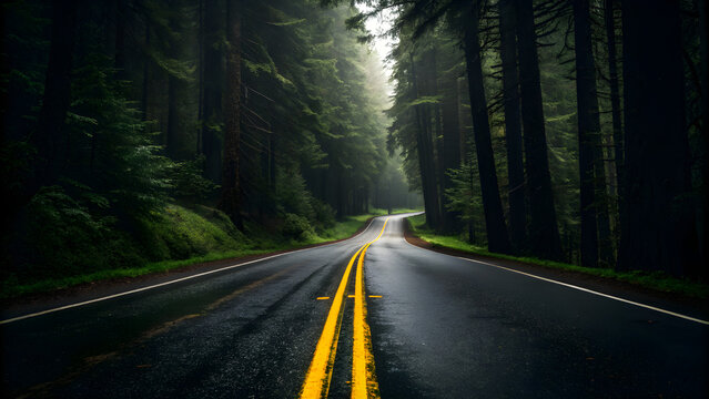 Rainy Road Through Lush Evergreen Forest A Scenic Drive Misty two-lane road through dense evergreen forest on overcast day A long, straight road winds through a lush, green forest. - Powered by Adobe