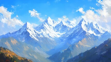 Obraz premium Oil painting of snow-capped mountains under a clear blue sky