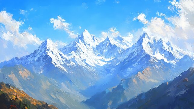 Oil painting of snow-capped mountains under a clear blue sky