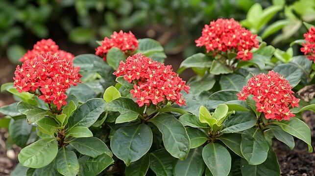 Clusters of Vibrant Red Ixora Flowers with Lush Green Leaves in Outdoor Setting