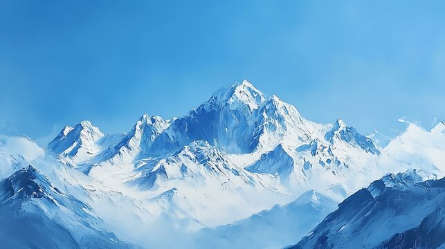 Oil painting of snow-capped mountains under a clear blue sky - Powered by Adobe