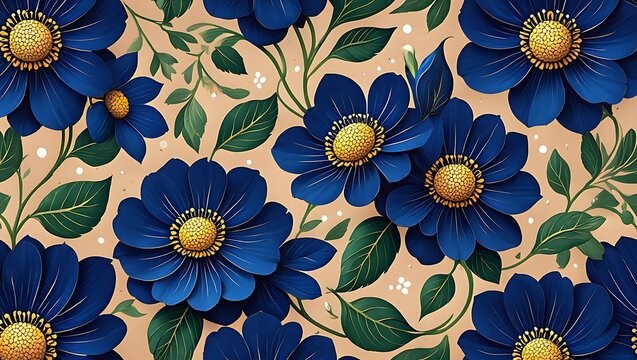 Elegant Blue Floral Pattern A Seamless Design of Exquisite Blooms and Lush Greenery