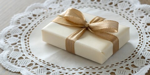 Mini soap bar gift wrapped in custom paper and silk ribbon, laid on lace napkin for branding
