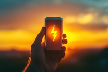 Fototapeta premium Hand holding an energy battery with a lightning icon on a sunset background, a macro shot, a detailed photo of a hand with a smartphone charging a battery in the air. Focus on the power bank.