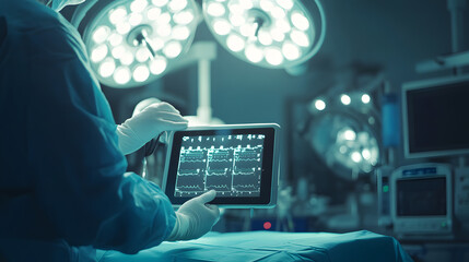 Surgeon reviewing medical data in operating room